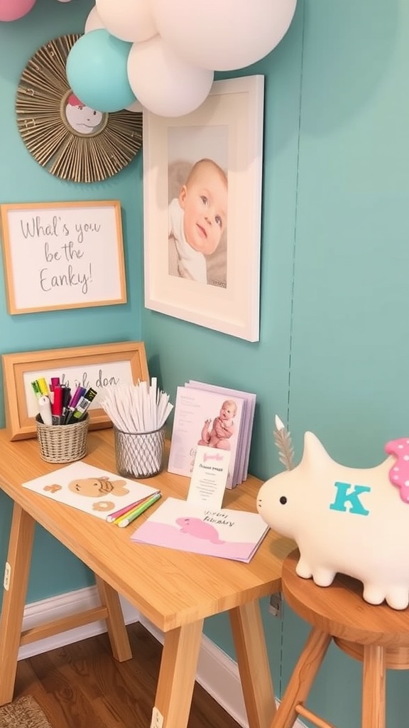 A DIY craft station setup with a table full of art supplies and a guest engaging in crafting.