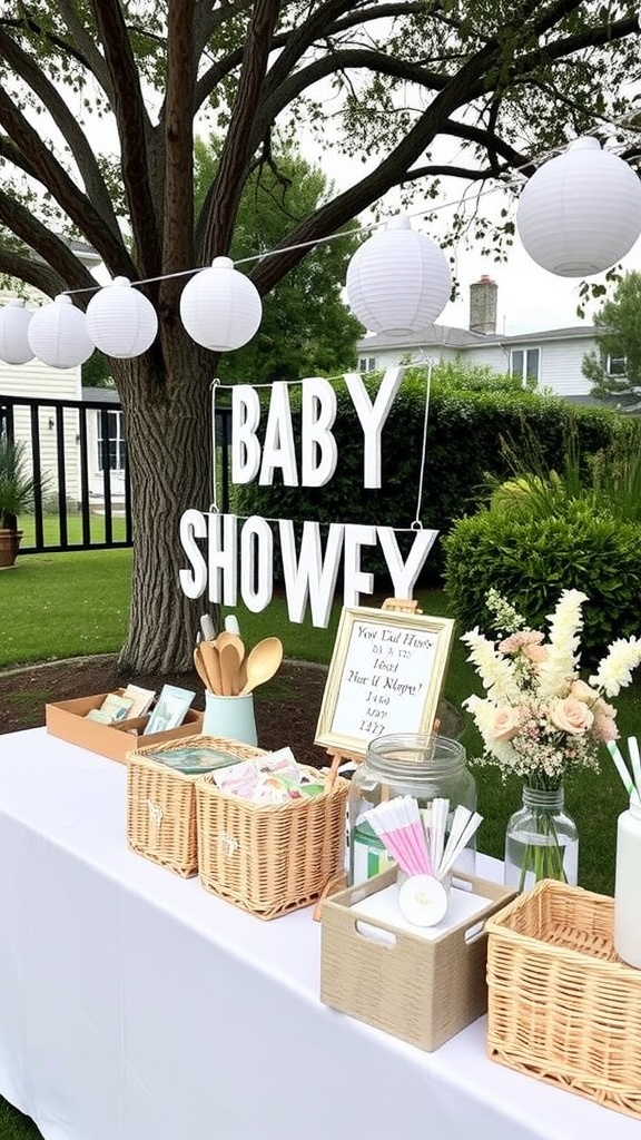 A DIY craft station at an outdoor baby shower, featuring baskets with craft supplies, a sign, and decor.