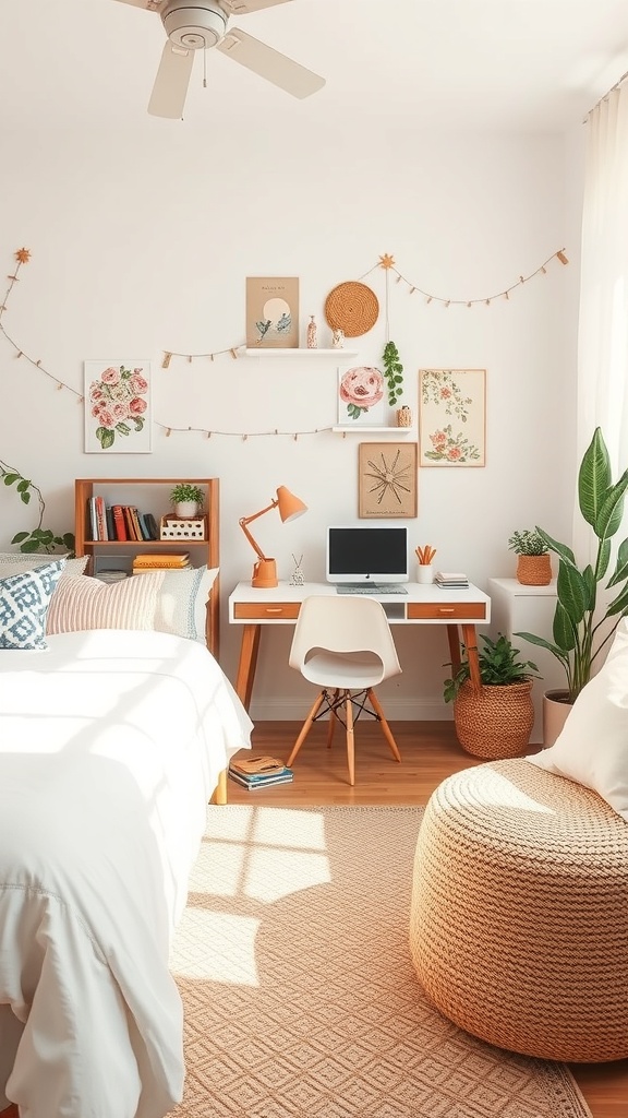 A cozy small home office with a desk, chair, and decorative wall art.