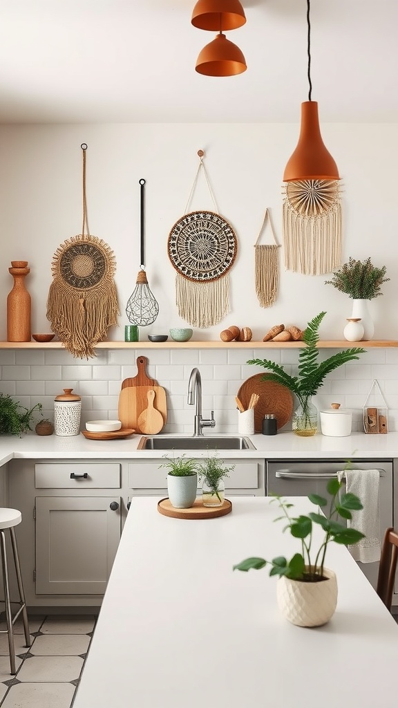 A cozy boho kitchen featuring macrame wall hangings, warm lighting, natural decor, and potted plants.