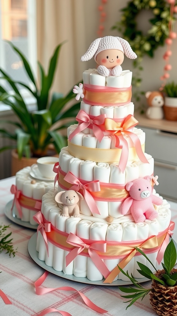 A beautifully arranged diaper cake with plush toys and ribbons, perfect for a baby shower