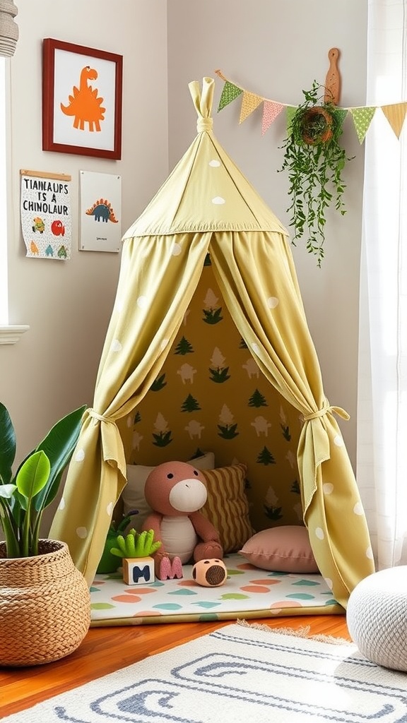 A cozy yellow dinosaur play tent with polka dots, filled with plush toys and colorful cushions, set in a playful nursery.