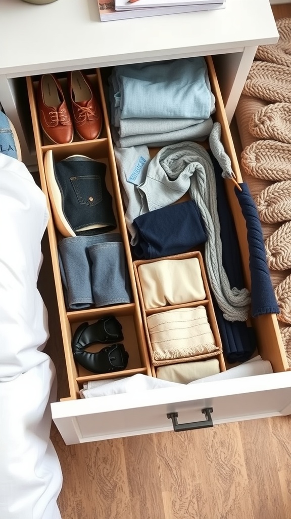 A well-organized drawer with DIY cardboard dividers, showcasing shoes, folded clothes, and accessories.