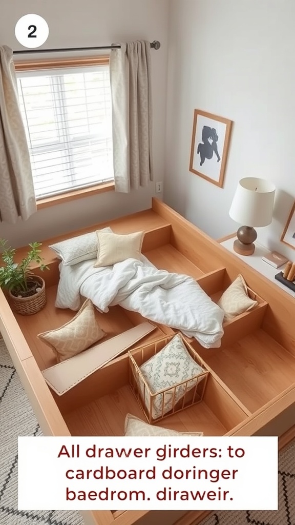 A well-organized drawer with cardboard dividers, showing various compartments for storage.