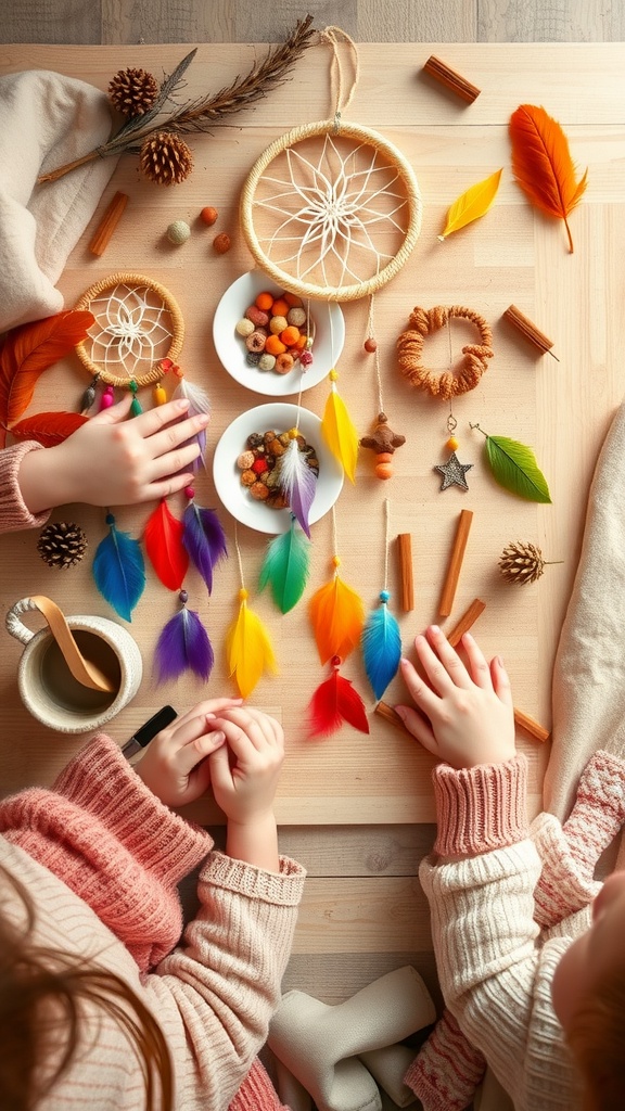 A cozy table setting with hands crafting colorful dream catchers surrounded by feathers, beads, and cinnamon sticks.