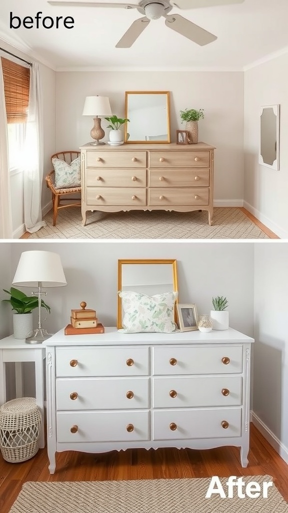 Before and after image of a dresser makeover, showing transformation from beige to white with new hardware.