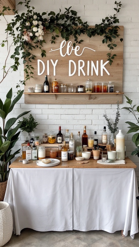 A decorative DIY drink station with a wooden sign, various bottles and jars, and greenery.