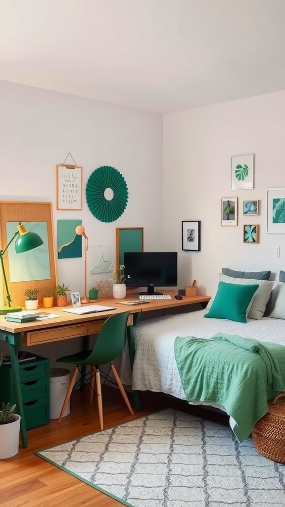 A cozy emerald green themed bedroom with a desk and plants.