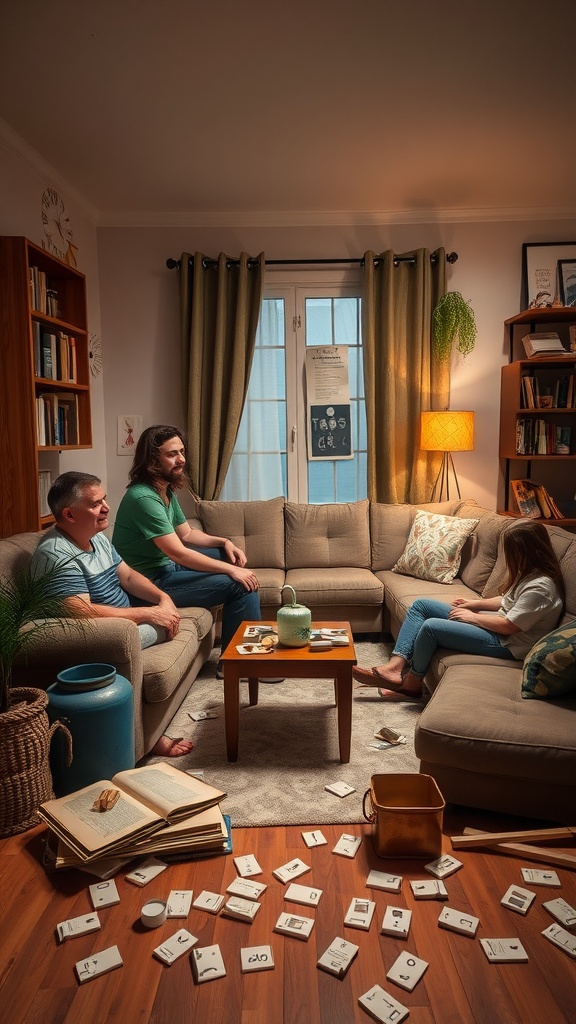 A family engaged in a DIY escape room challenge in a cozy living room, with various clues scattered around.