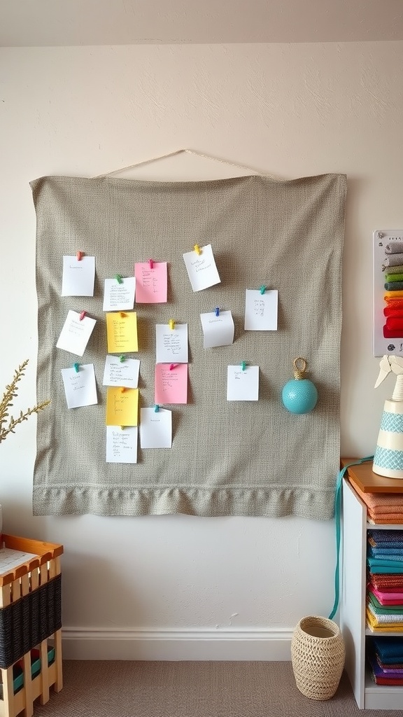 A fabric bulletin board with colorful notes and clips, hanging on the wall.