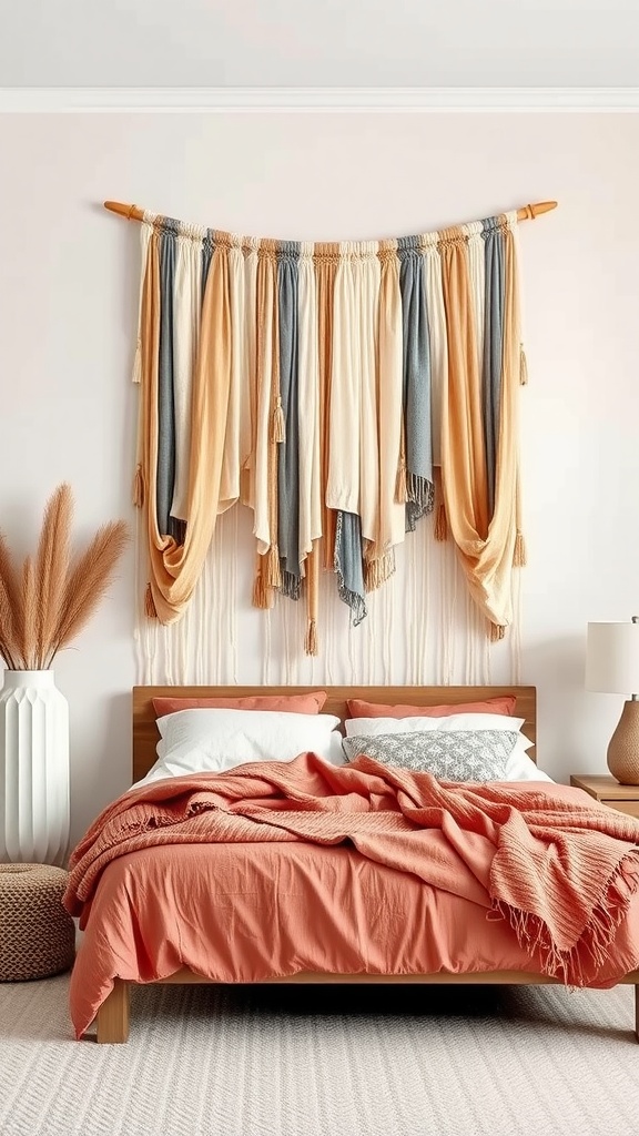 A colorful fabric wall hanging made of various soft fabrics draped elegantly above a styled bed.