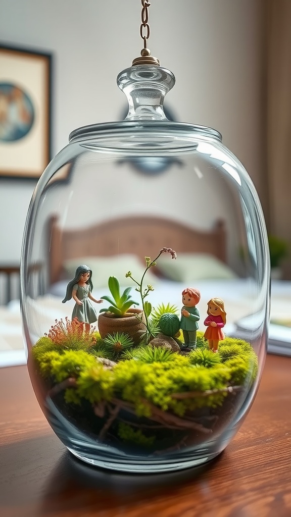 A glass terrarium containing miniature figures and lush greenery, showcasing a fairy garden.