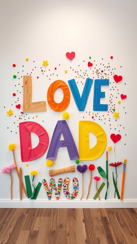 Colorful DIY wall art that says 'LOVE DAD' with decorative elements like hearts and stars.