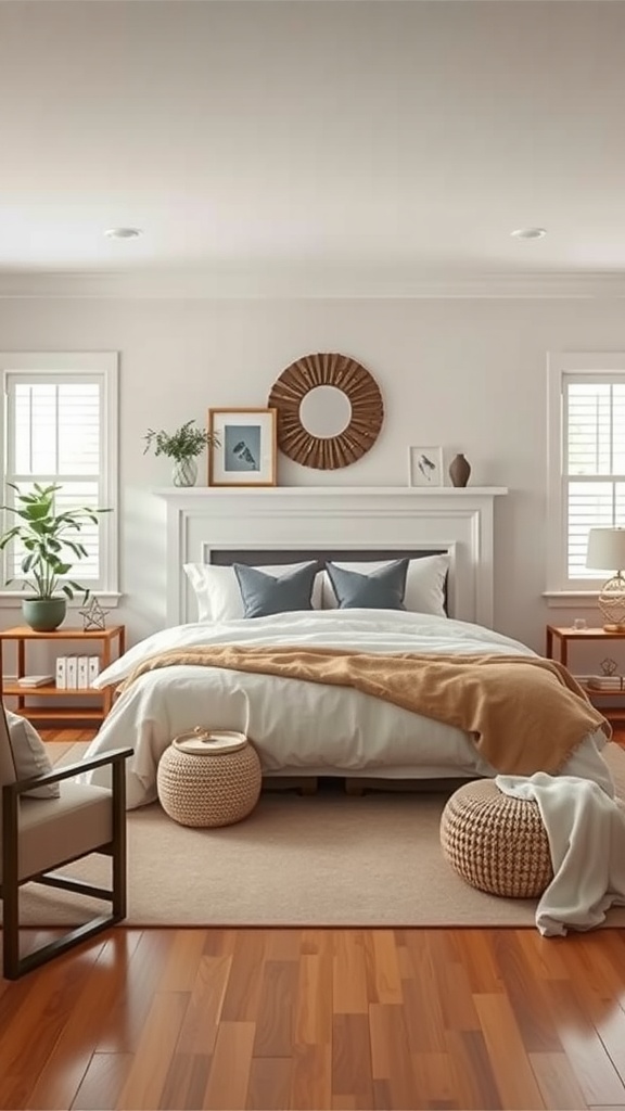 A cozy bedroom featuring a faux fireplace with a stylish mantel, surrounded by warm decor.