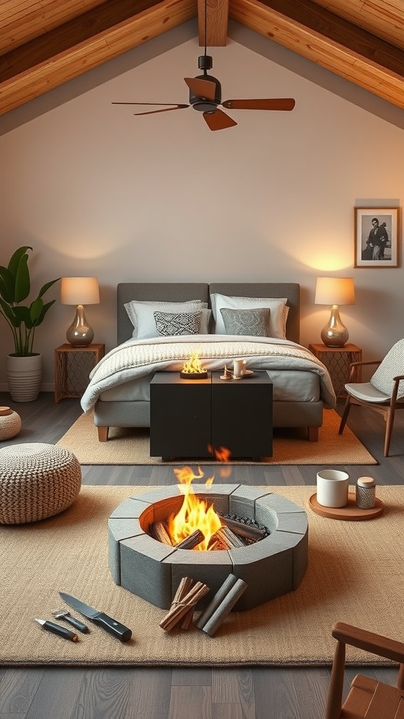 Indoor fire pit surrounded by cozy seating and warm lighting