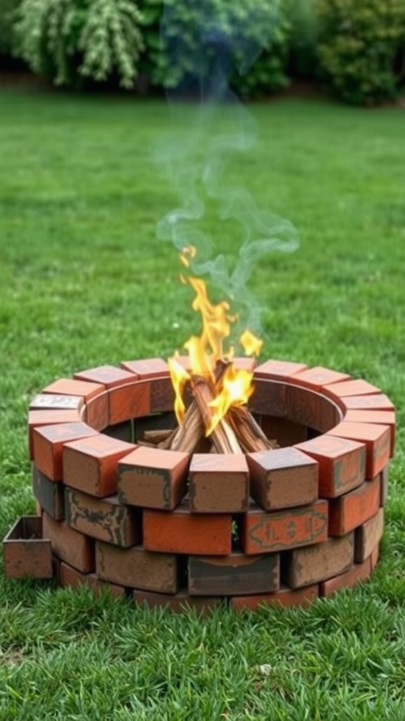 A circular fire pit made of bricks with a small fire and smoke rising in a backyard.