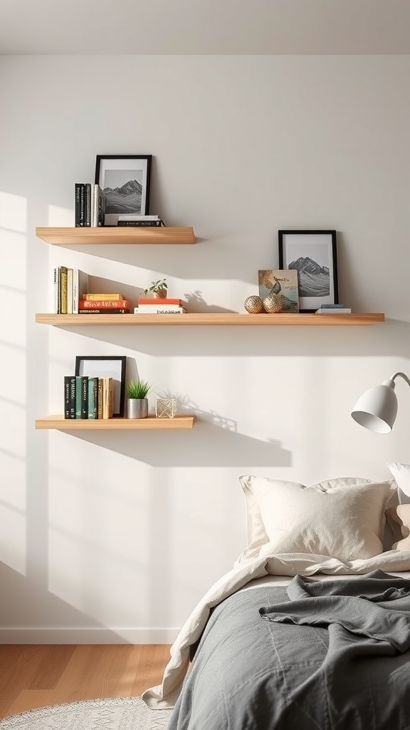 A stylish arrangement of floating shelves displaying books and decorative items in a cozy bedroom.