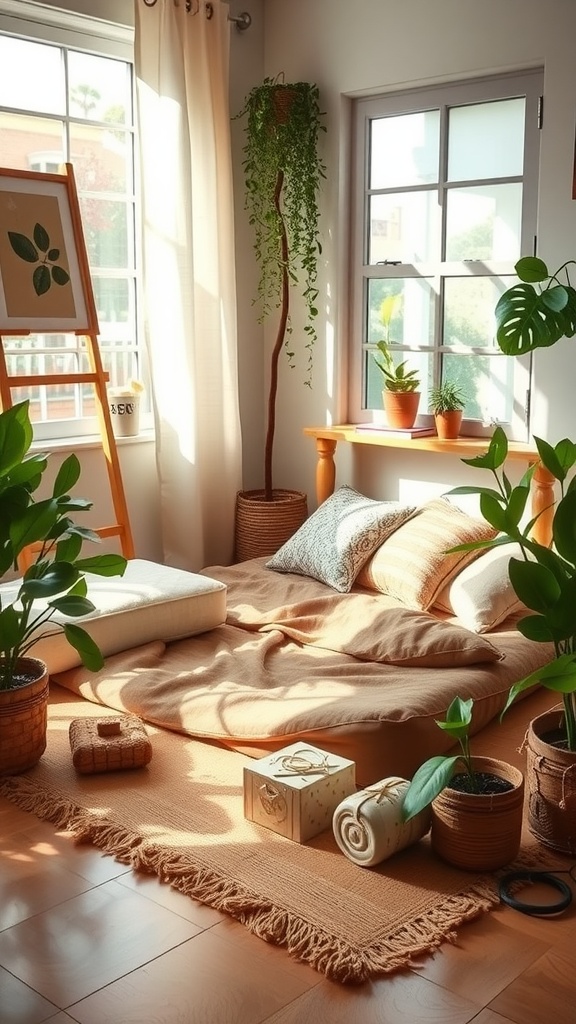 A cozy floor bed area for toddlers featuring a mattress, pillows, plants, and soft decor.