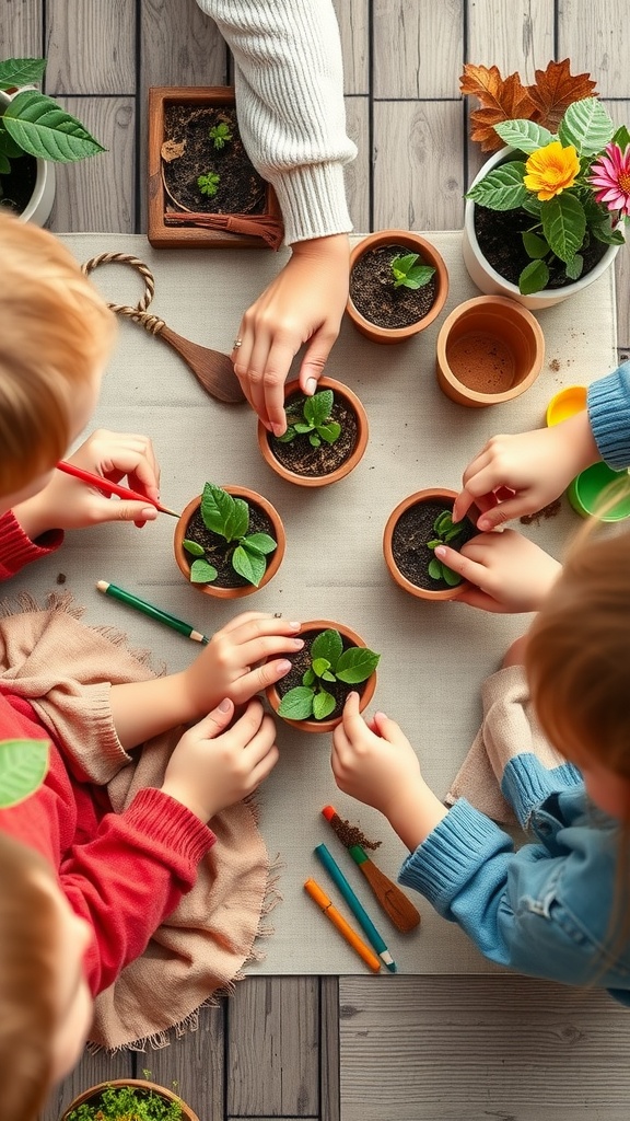 Children planting small plants in flower pots while enjoying a creative DIY activity.