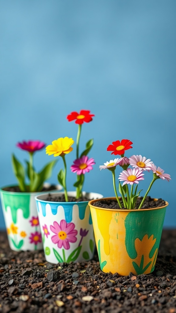Colorfully painted flower pots with vibrant flowers.