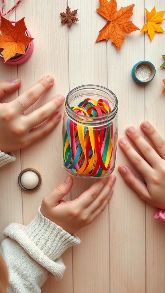 Hands holding a mason jar filled with colorful ribbons, surrounded by leaves and small decorative items.