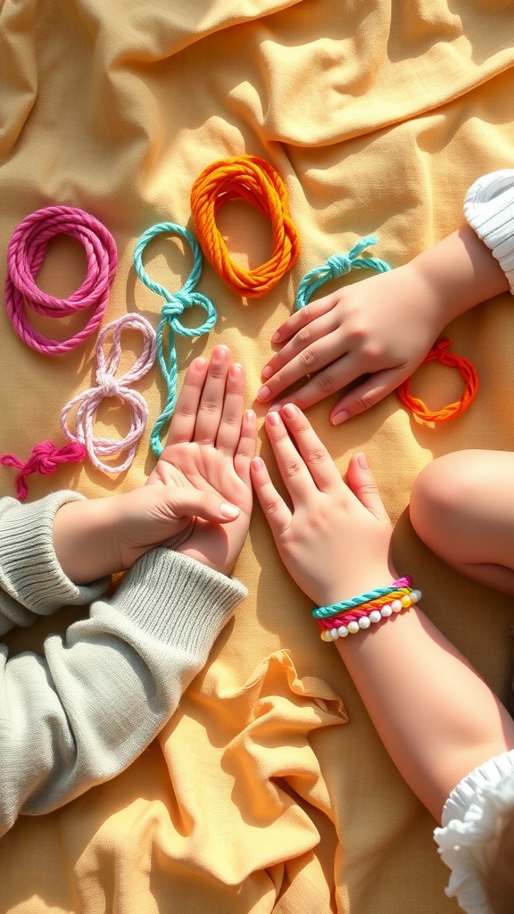 Children's hands crafting colorful friendship bracelets with yarn