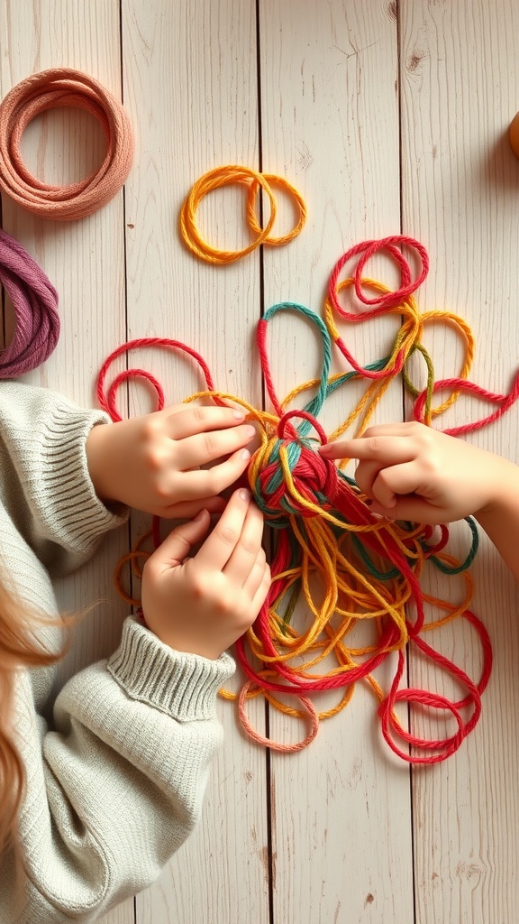 Colorful strings laid out with small hands working on a friendship bracelet