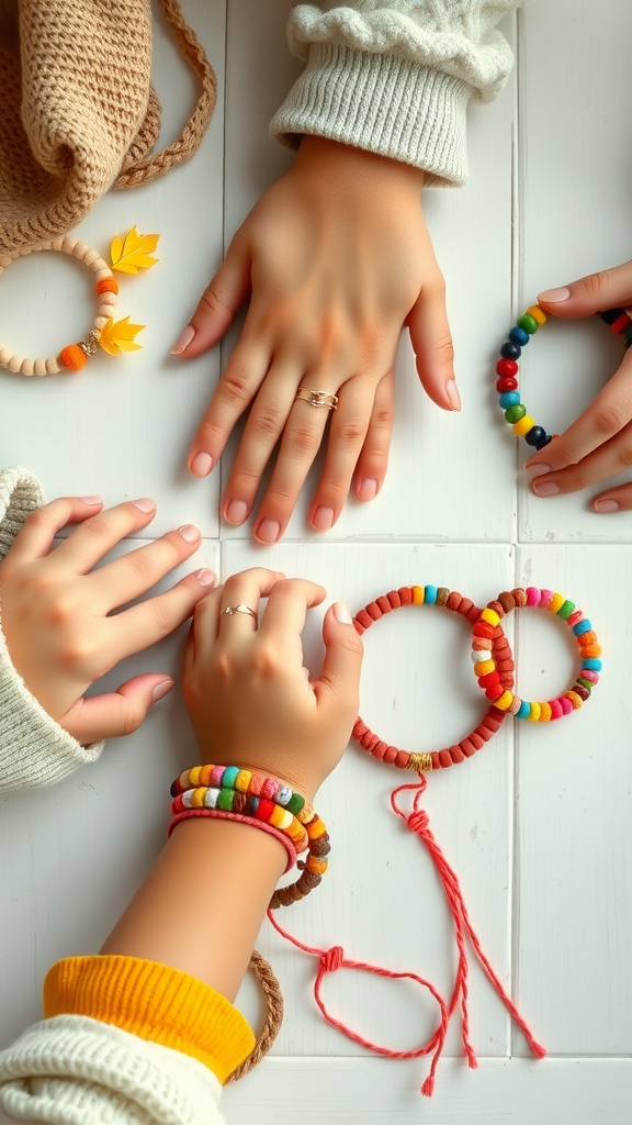 Hands creating colorful friendship bracelets with beads on a white surface.