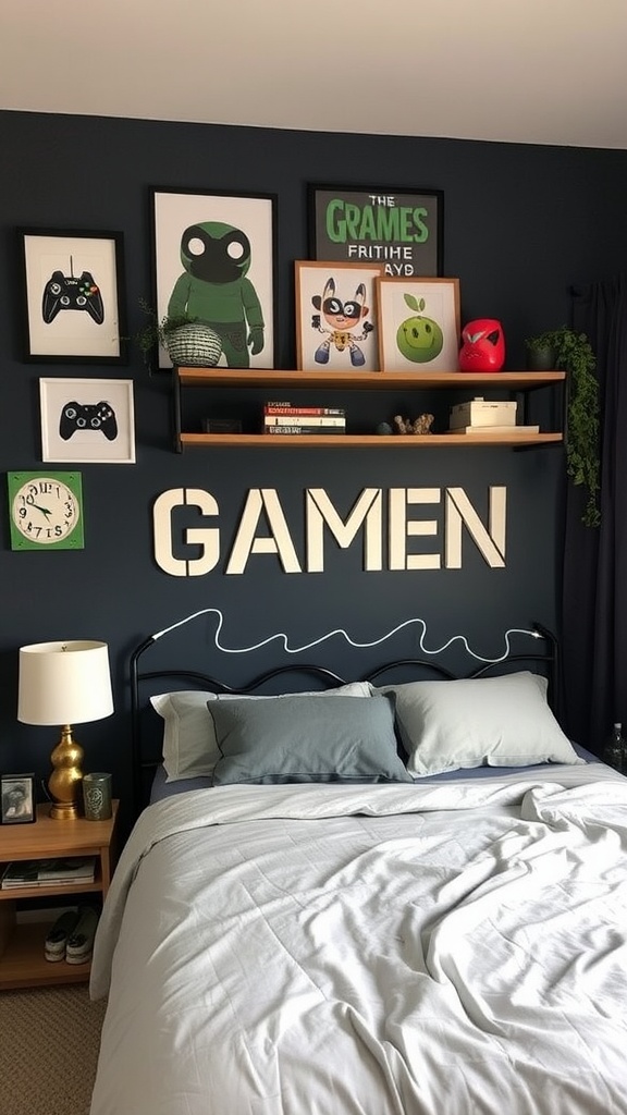 A cozy gamer bedroom featuring a dark blue wall with framed gaming art, a bed with soft bedding, and a wooden shelf displaying collectibles.