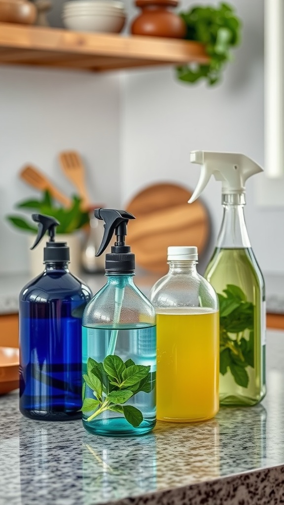 Bottles of homemade green cleaners on a kitchen counter