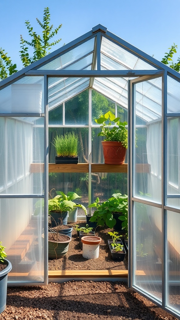 A DIY greenhouse with roll-up sides, showcasing a variety of potted plants inside.