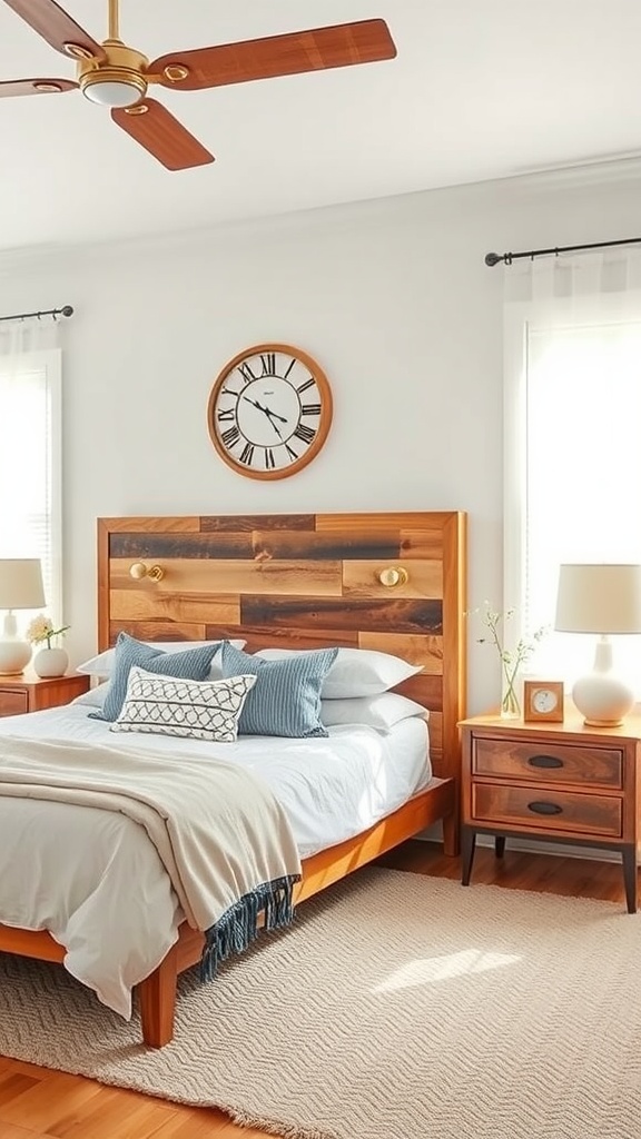 A cozy bedroom featuring a wooden headboard with a clock, nightstands and soft bedding.
