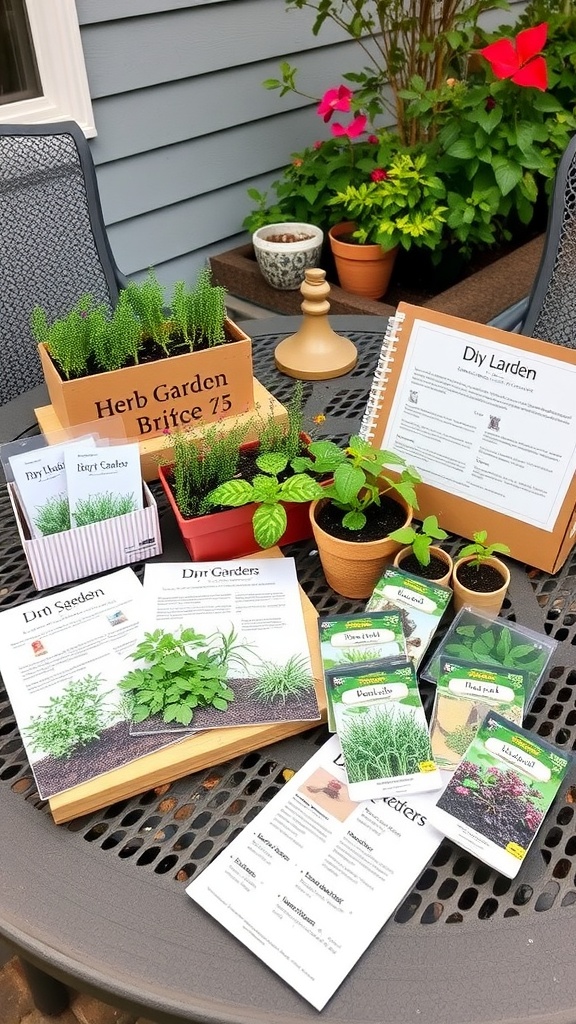 A DIY herb garden kit displayed on a table with various herb seeds, small pots, and gardening materials.