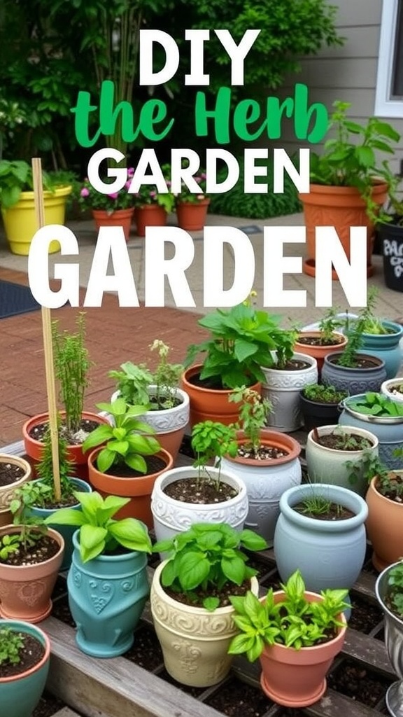 A colorful potted herb garden showcasing various herbs in recycled pots.