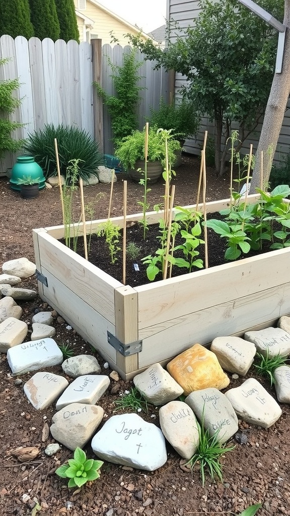 A raised herb garden with stone borders featuring various plants and labeled stones.