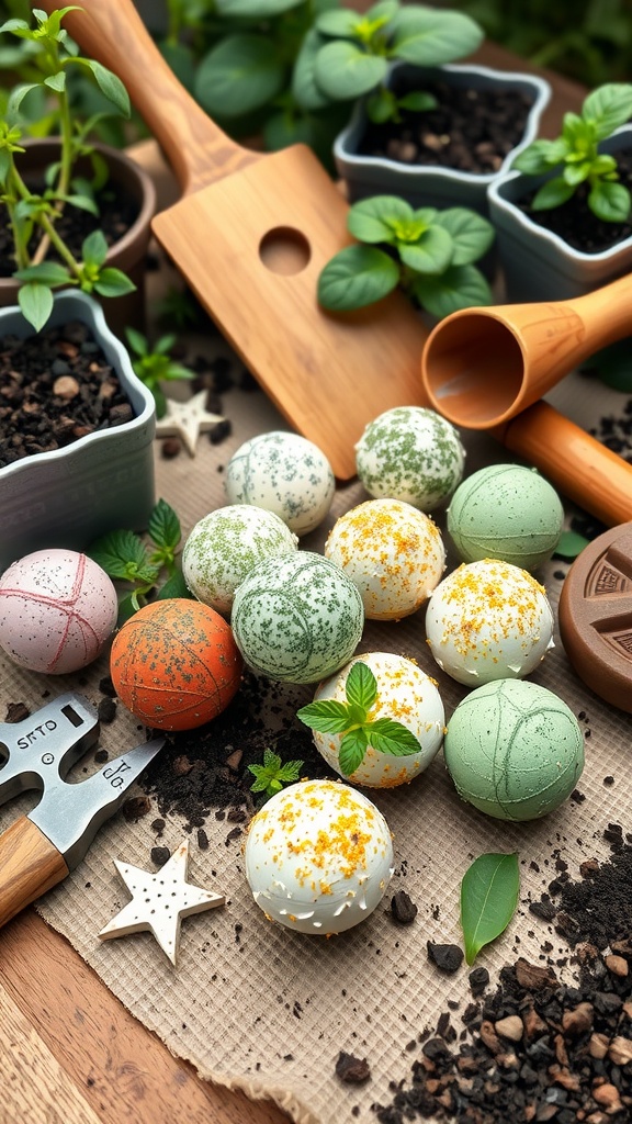 Colorful herb seed bombs on a wooden surface surrounded by gardening tools and plants.