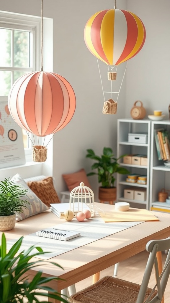 A bright and cheerful nursery with DIY hot air balloon decorations hanging from the ceiling, showcasing a cozy and inviting atmosphere.