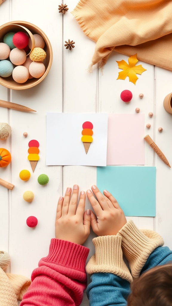 Children's hands creating ice cream party invitations with colorful craft supplies.