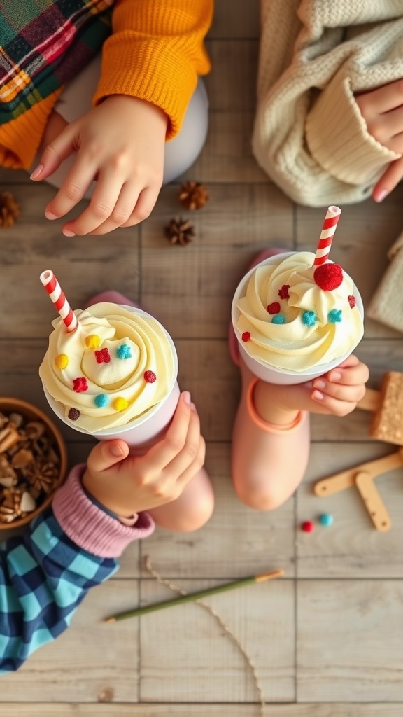 Two children holding colorful ice cream cups decorated with whipped cream and sprinkles.