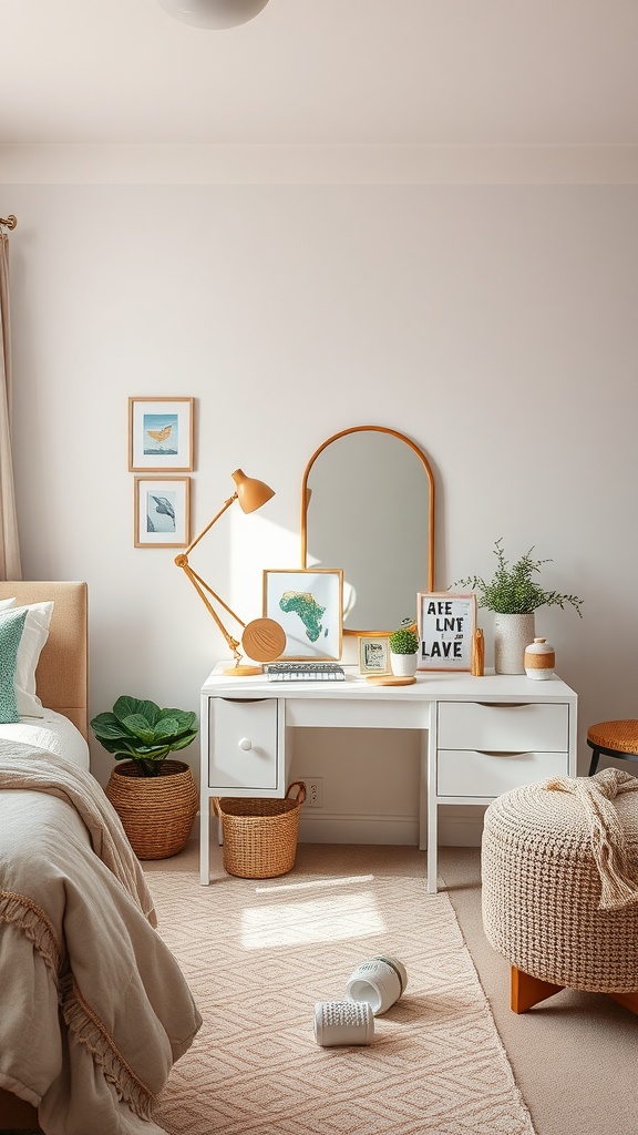 A cozy bedroom featuring a desk and vanity area with plants, books, and decorative items.