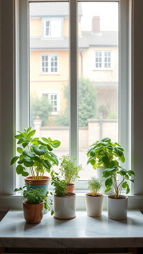A collection of potted herbs on a windowsill, showcasing a variety of plants in different pots.