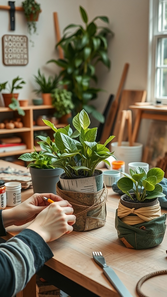 A person crafting DIY fabric pots for indoor plants on a wooden table.