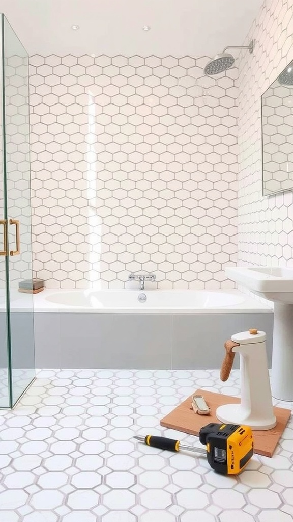 A beautifully designed bathroom featuring hexagon tiles on the floor and walls, with tools for DIY installation visible.