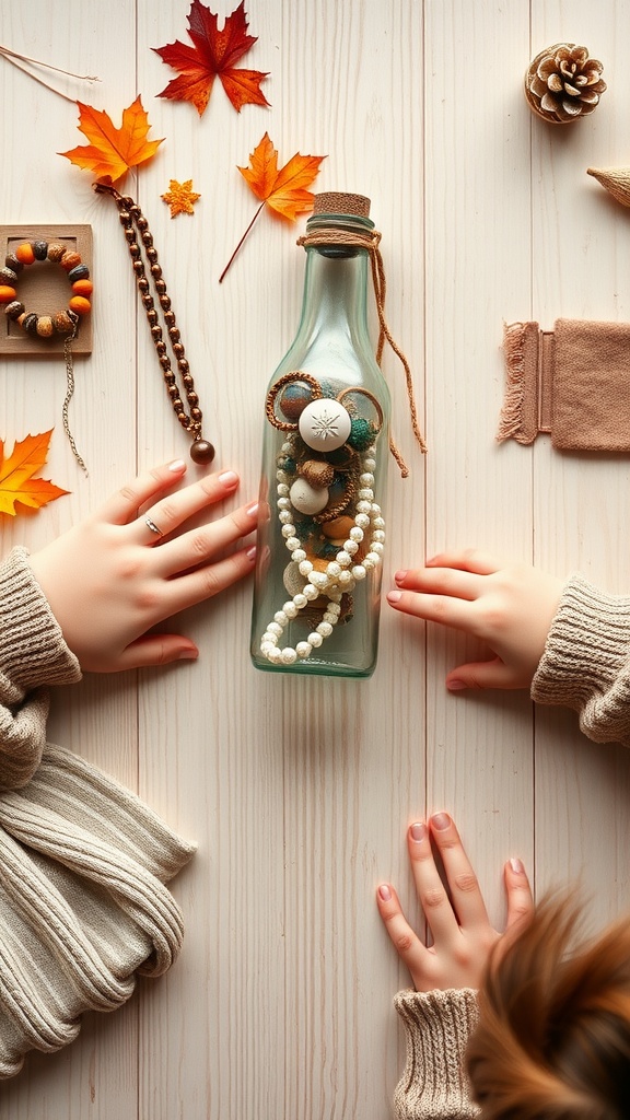 A glass bottle filled with jewelry pieces, surrounded by autumn leaves and decorative items.