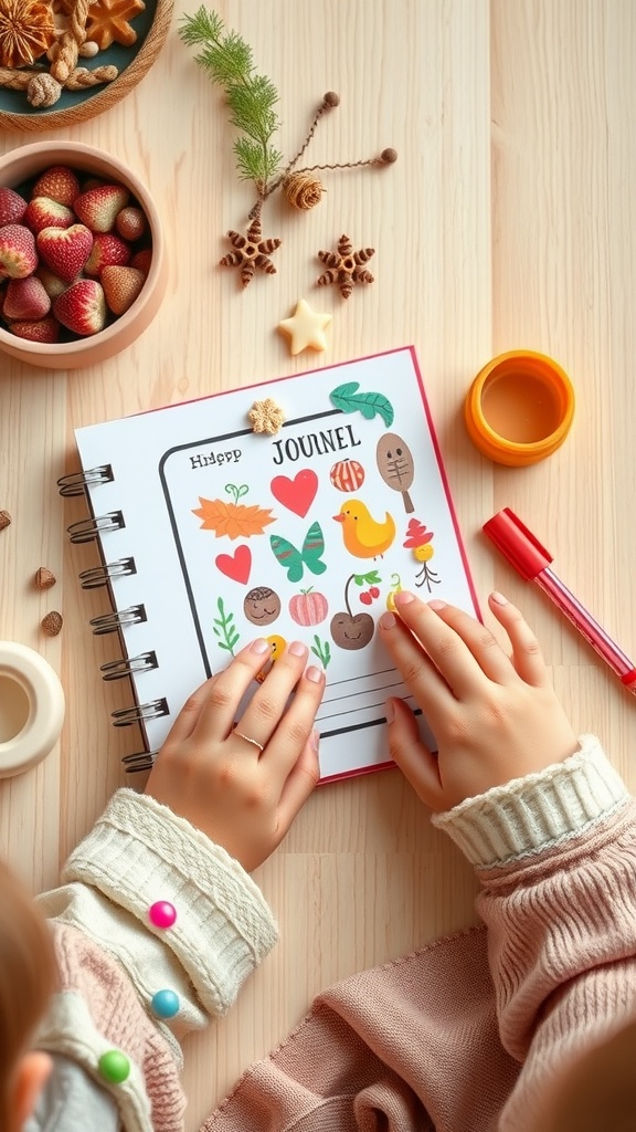 Child's hands decorating a journal with colorful stickers and drawings, surrounded by natural items and craft supplies.