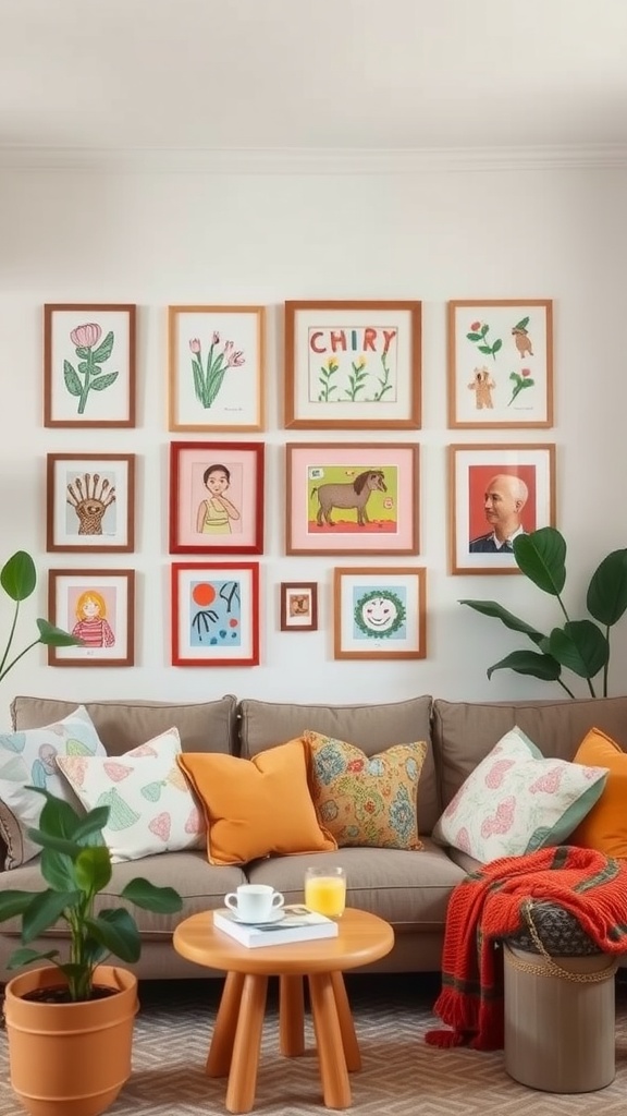 A cozy family room with a DIY kids art gallery on the wall, featuring framed artwork, colorful cushions, and plants.