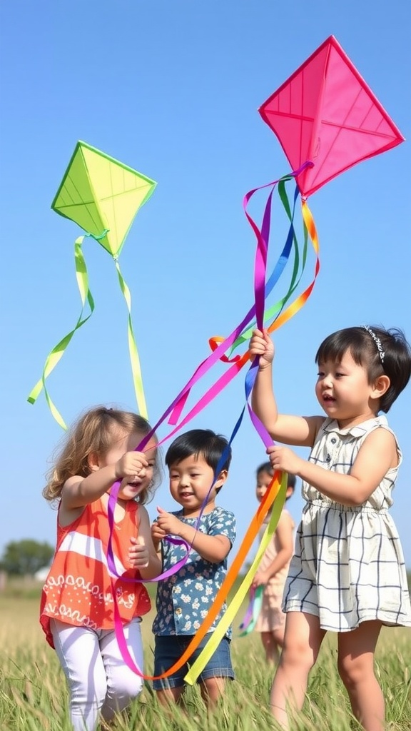 Children flying colorful kites with streamers in a sunny field