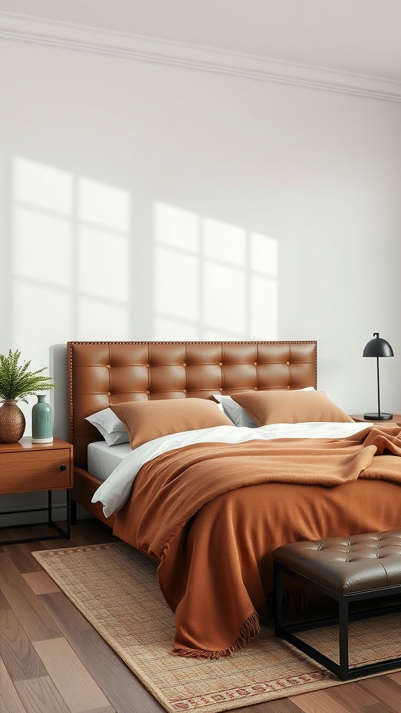 A stylish DIY leather headboard in a modern bedroom setting.