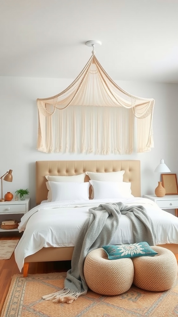 A cozy bedroom featuring a DIY macrame canopy above the bed, with neutral tones and soft textures.