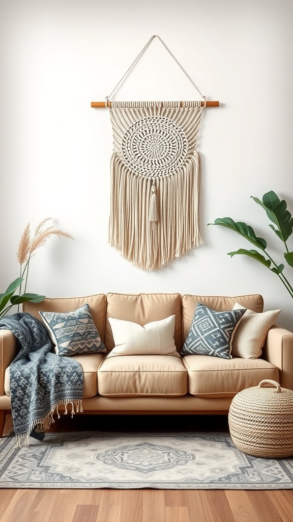A cozy living room featuring a macrame wall art piece above a beige sofa with decorative pillows and a plant.